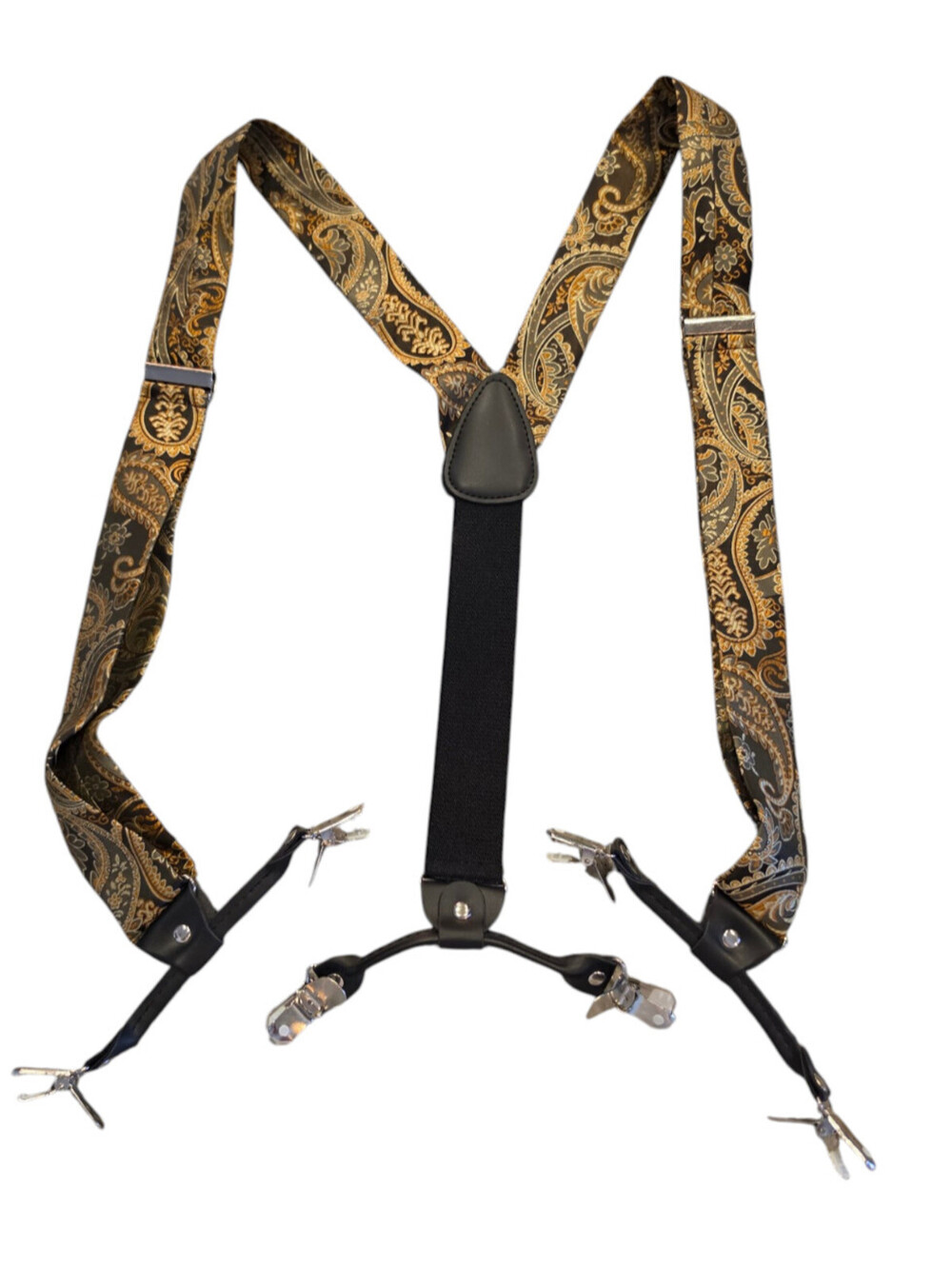 Vtg Braces/Suspenders One Size Fully Adjustable Y Shaped Black Gold Paisley